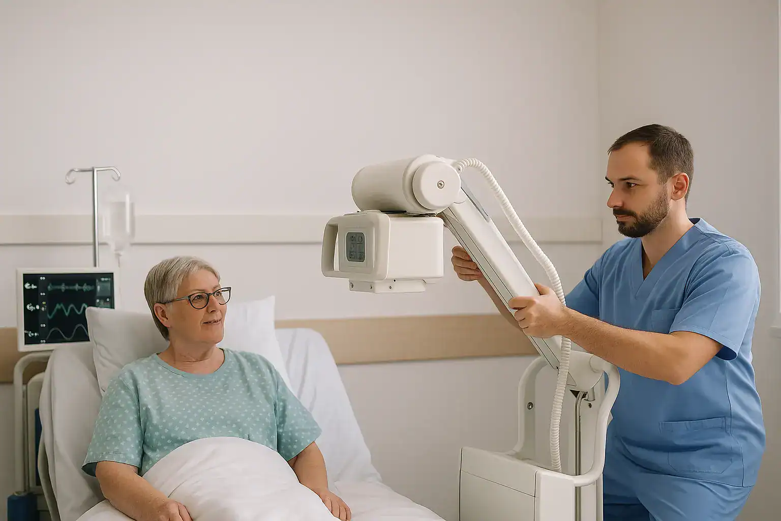 High-quality mobile X-ray imaging being performed in a hospital room by a healthcare professional, highlighting portable radiology services for patient care.