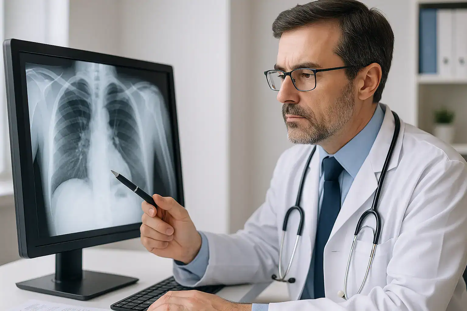X-ray of a patient's chest displaying lungs and ribs, viewed by a medical professional, emphasizing mobile and diagnostic radiology services.